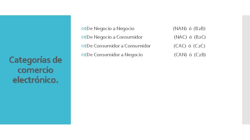 Categorías de comercio electrónico. De Negocio a Negocio (NAN) ó (B 2 B) De