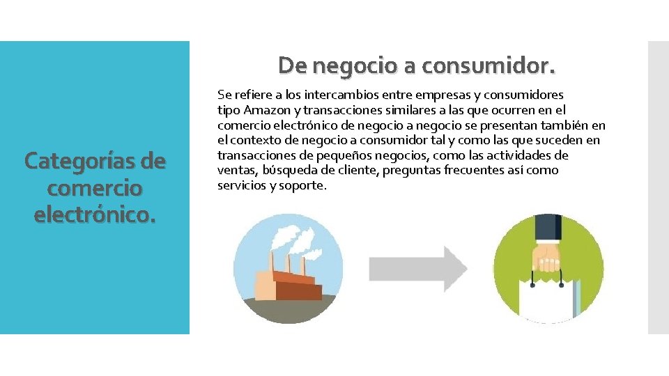 De negocio a consumidor. Categorías de comercio electrónico. Se refiere a los intercambios entre