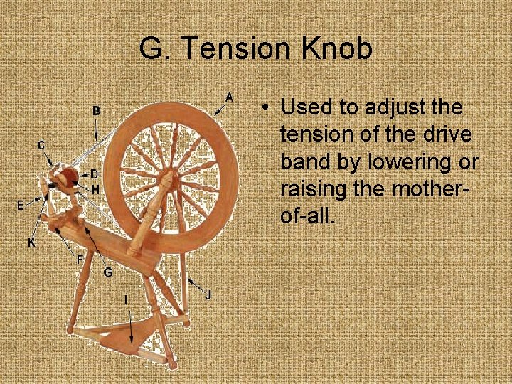 G. Tension Knob • Used to adjust the tension of the drive band by