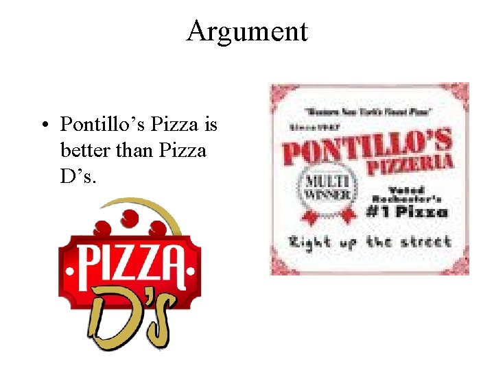 Argument • Pontillo’s Pizza is better than Pizza D’s. 