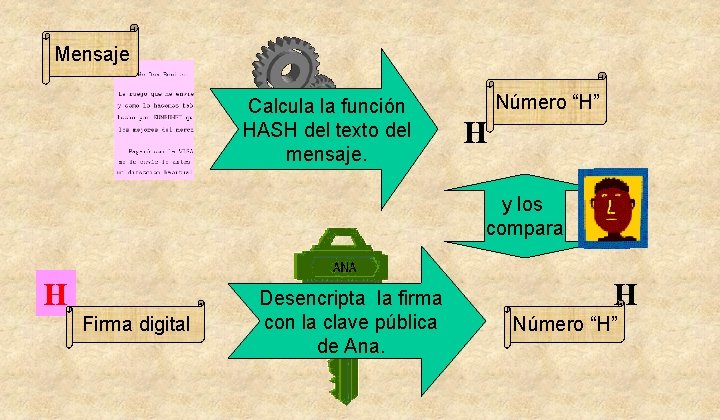 Mensaje Calcula la función HASH del texto del mensaje. Número “H” H y los