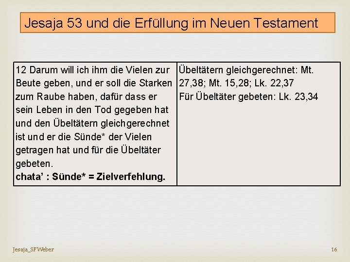 Jesaja 53 und die Erfüllung im Neuen Testament 12 Darum will ich ihm die