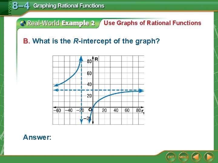 Use Graphs of Rational Functions B. What is the R-intercept of the graph? Answer: