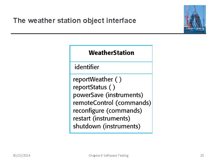 The weather station object interface 30/10/2014 Chapter 8 Software Testing 20 