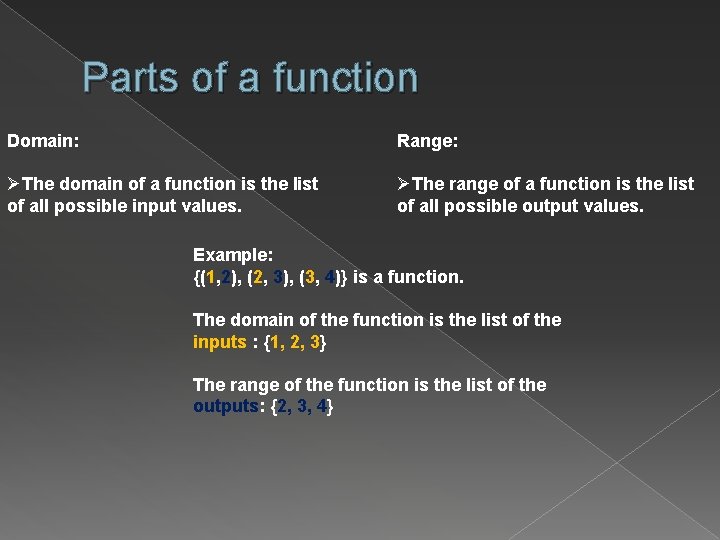 Parts of a function Domain: Range: ØThe domain of a function is the list