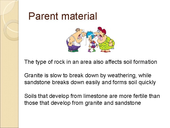 Parent material The type of rock in an area also affects soil formation Granite Parent material The type of rock in an area also affects soil formation Granite