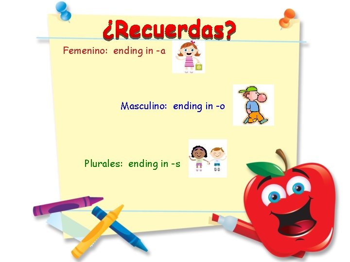 Femenino: ending in -a Masculino: ending in -o Plurales: ending in -s 