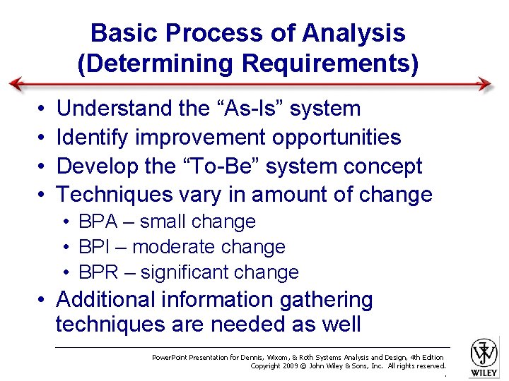 Basic Process of Analysis (Determining Requirements) • • Understand the “As-Is” system Identify improvement