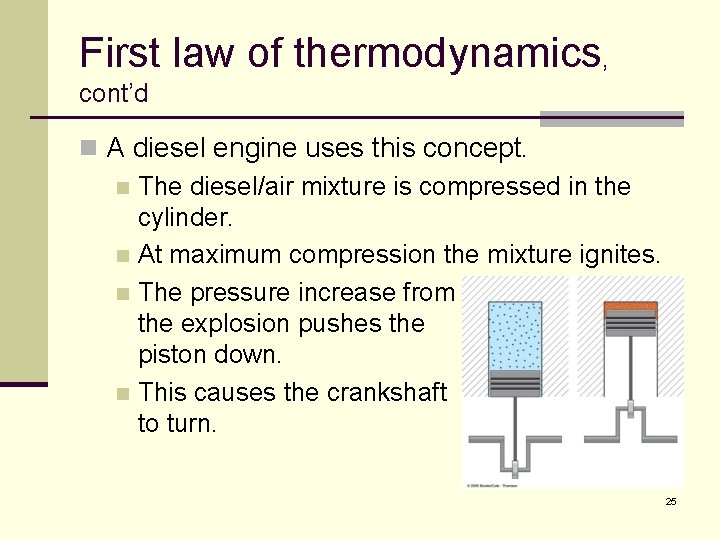 First law of thermodynamics, cont’d n A diesel engine uses this concept. n The