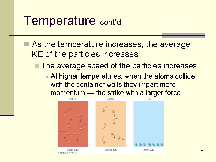 Temperature, cont’d n As the temperature increases, the average KE of the particles increases.