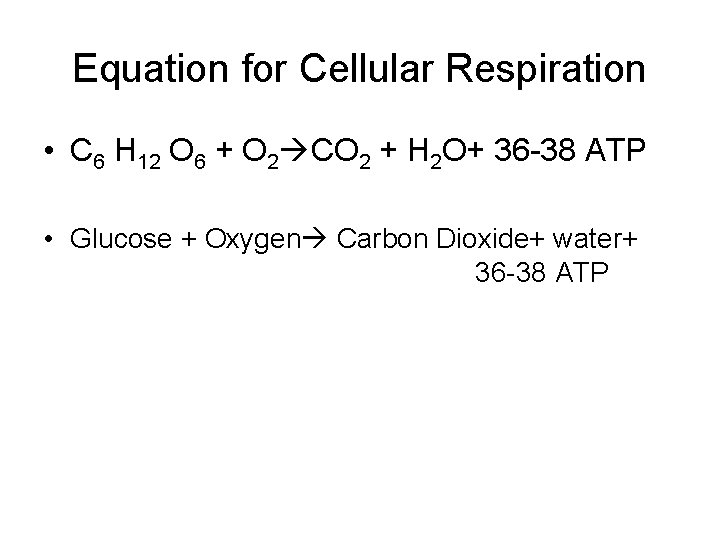 Equation for Cellular Respiration • C 6 H 12 O 6 + O 2