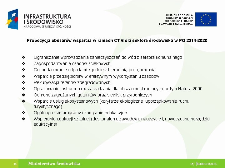 UNIA EUROPEJSKA FUNDUSZ SPÓJNOŚCI EUROPEJSKI FUNDUSZ ROZWOJU REGIONALNEGO Propozycja obszarów wsparcia w ramach CT