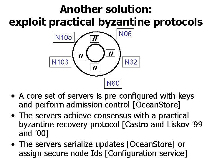 Another solution: exploit practical byzantine protocols N 105 N 103 N 06 N N