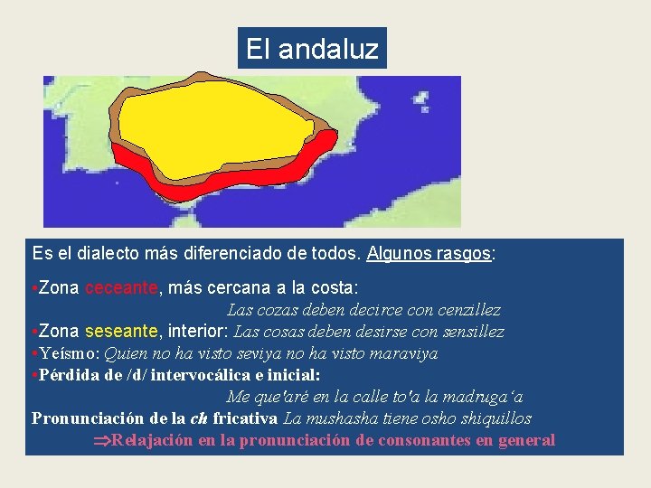 El andaluz Es el dialecto más diferenciado de todos. Algunos rasgos: • Zona ceceante,