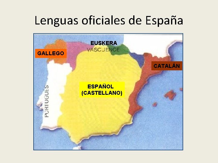 Lenguas oficiales de España EUSKERA GALLEGO CATALÁN ESPAÑOL (CASTELLANO) 