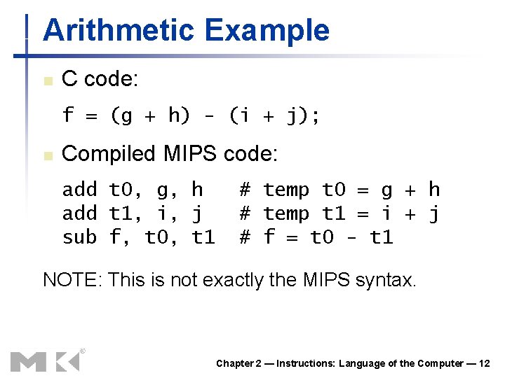 Arithmetic Example n C code: f = (g + h) - (i + j);