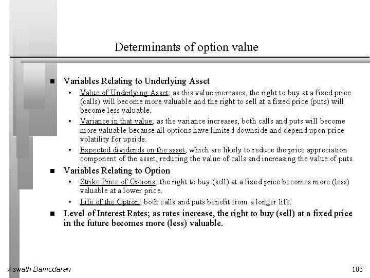 Determinants of option value Variables Relating to Underlying Asset • • • Variables Relating