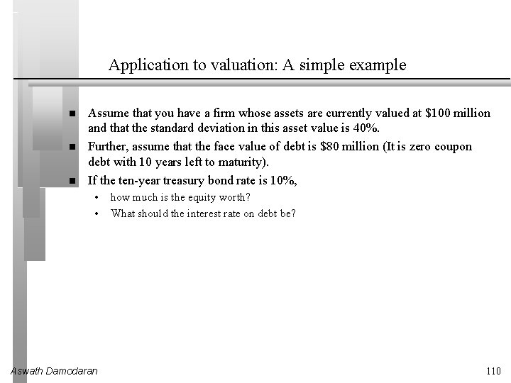 Application to valuation: A simple example Assume that you have a firm whose assets