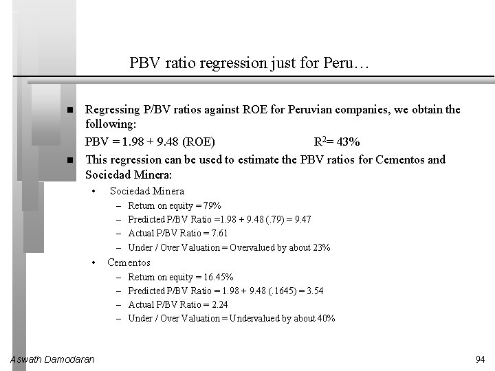 PBV ratio regression just for Peru… Regressing P/BV ratios against ROE for Peruvian companies,