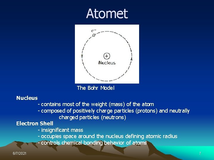 Atomet The Bohr Model Nucleus - contains most of the weight (mass) of the