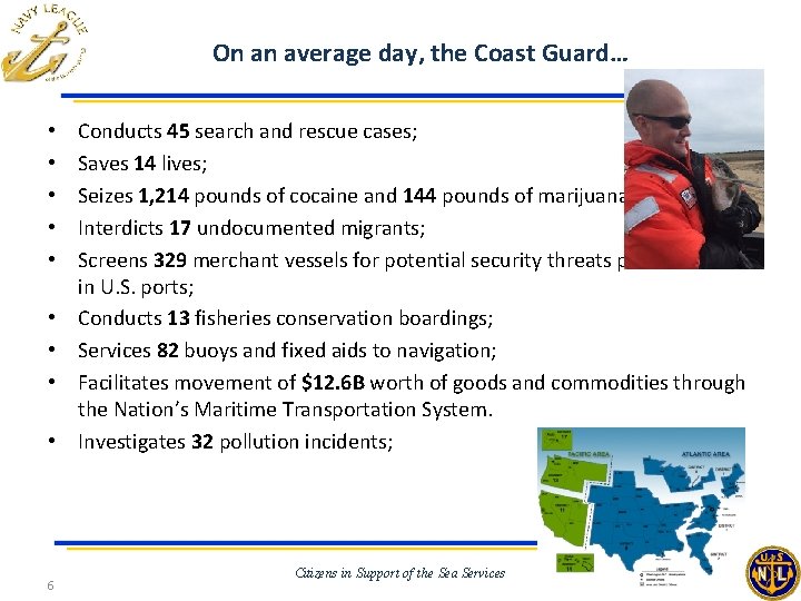 On an average day, the Coast Guard… • • • 6 Conducts 45 search