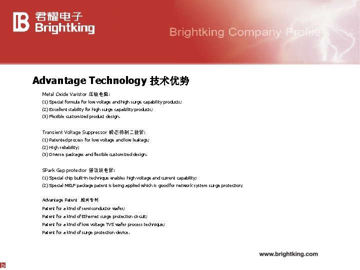 Advantage Technology 技术优势 Metal Oxide Varistor 压敏电阻: (1) Special formula for low voltage and