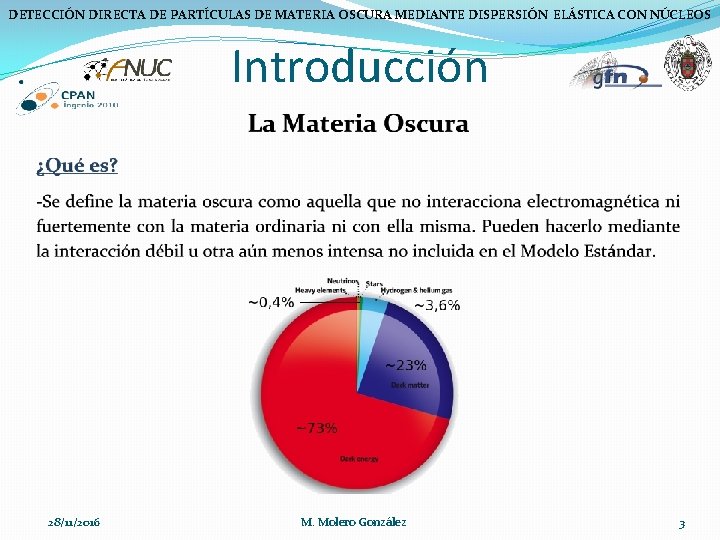DETECCIÓN DIRECTA DE PARTÍCULAS DE MATERIA OSCURA MEDIANTE DISPERSIÓN ELÁSTICA CON NÚCLEOS Introducción 28/11/2016