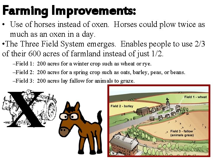 Farming Improvements: • Use of horses instead of oxen. Horses could plow twice as Farming Improvements: • Use of horses instead of oxen. Horses could plow twice as