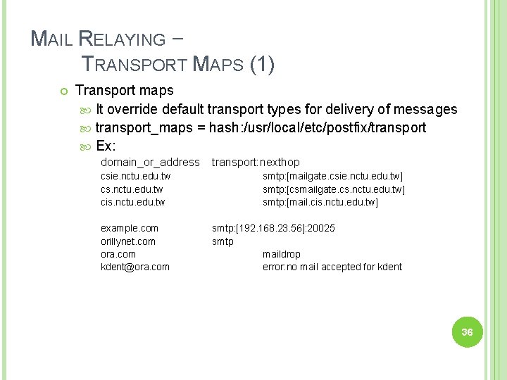 MAIL RELAYING – TRANSPORT MAPS (1) Transport maps It override default transport types for