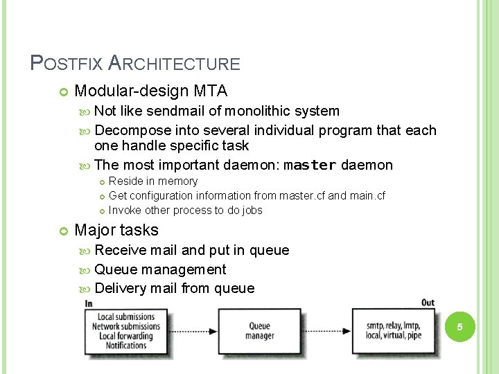 POSTFIX ARCHITECTURE Modular-design MTA Not like sendmail of monolithic system Decompose into several individual