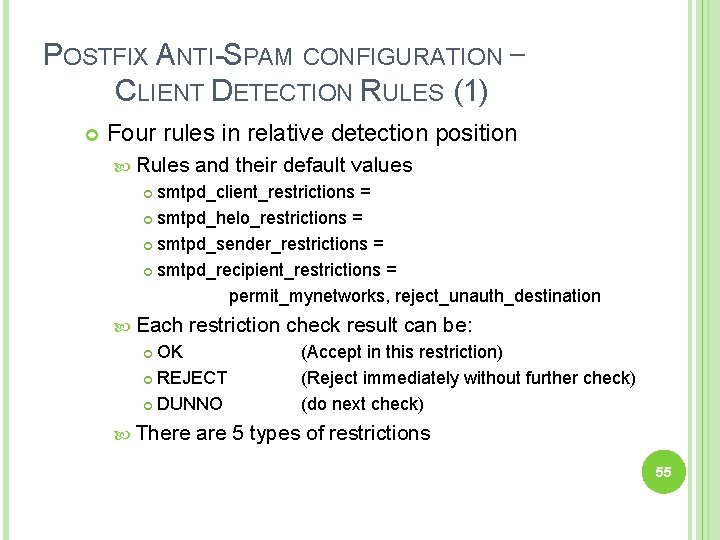 POSTFIX ANTI-SPAM CONFIGURATION – CLIENT DETECTION RULES (1) Four rules in relative detection position