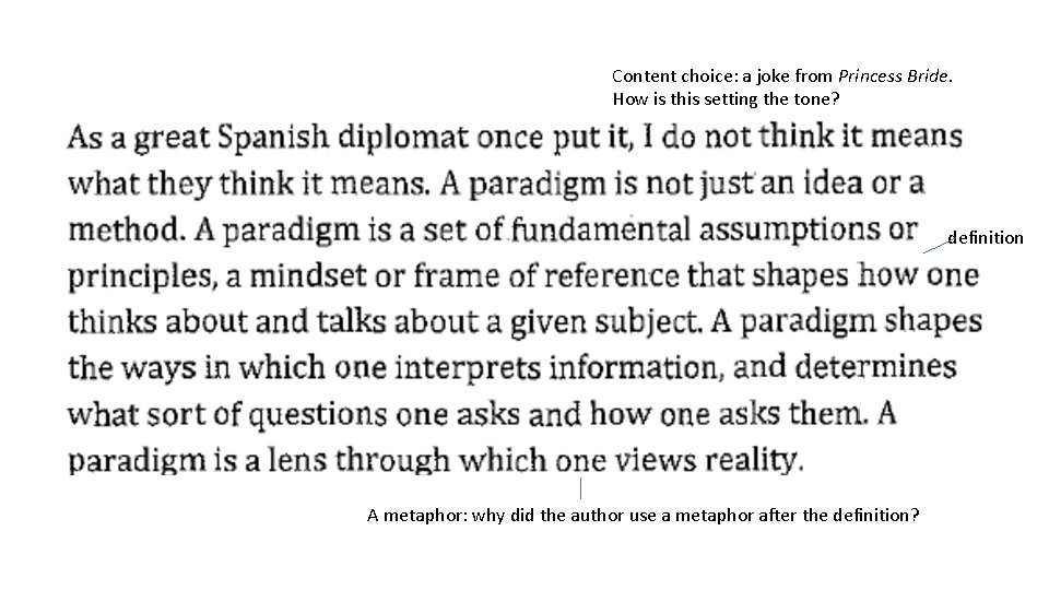 Content choice: a joke from Princess Bride. How is this setting the tone? definition