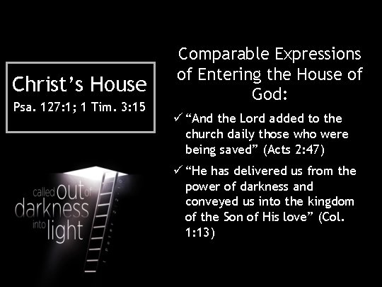 Christ’s House Psa. 127: 1; 1 Tim. 3: 15 Comparable Expressions of Entering the