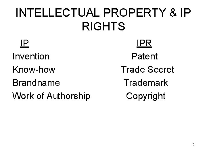 INTELLECTUAL PROPERTY & IP RIGHTS IP Invention Know-how Brandname Work of Authorship IPR Patent