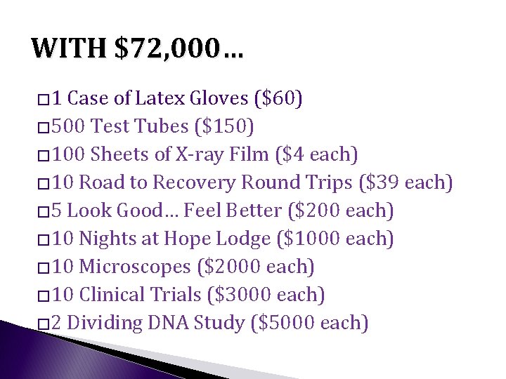 WITH $72, 000… � 1 Case of Latex Gloves ($60) � 500 Test Tubes WITH $72, 000… � 1 Case of Latex Gloves ($60) � 500 Test Tubes