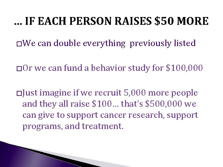 … IF EACH PERSON RAISES $50 MORE �We �Or can double everything previously listed … IF EACH PERSON RAISES $50 MORE �We �Or can double everything previously listed
