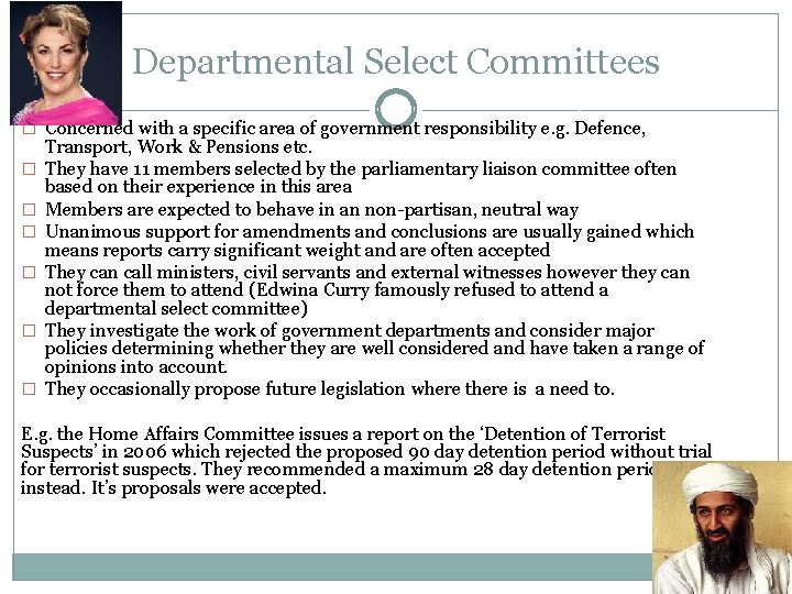 Departmental Select Committees � Concerned with a specific area of government responsibility e. g.