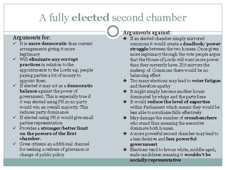 A fully elected second chamber Arguments for: ü It is more democratic than current