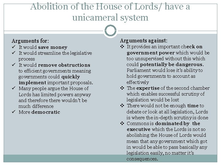 Abolition of the House of Lords/ have a unicameral system Arguments for: ü It