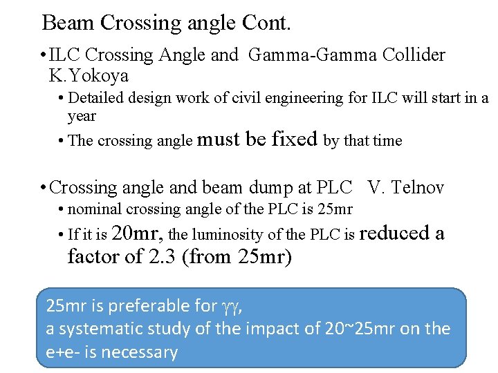 Beam Crossing angle Cont. • ILC Crossing Angle and Gamma-Gamma Collider K. Yokoya •