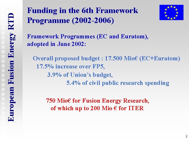 European Fusion Energy RTD Funding in the 6 th Framework Programme (2002 -2006) Framework