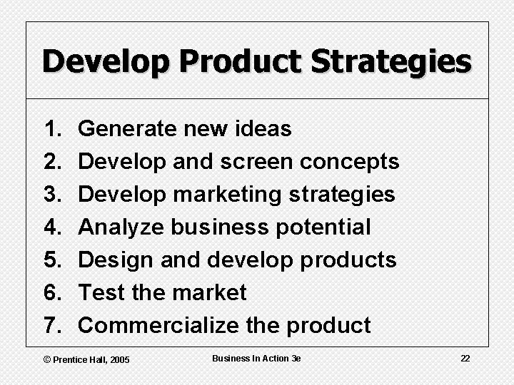 Develop Product Strategies 1. 2. 3. 4. 5. 6. 7. Generate new ideas Develop