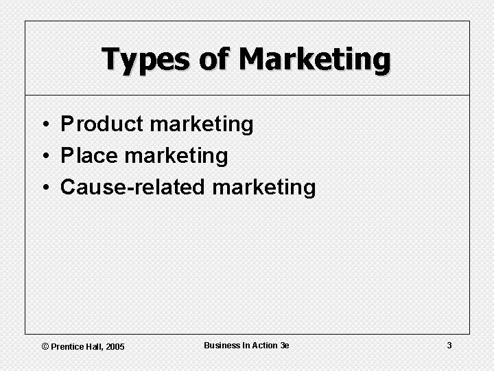Types of Marketing • Product marketing • Place marketing • Cause-related marketing © Prentice