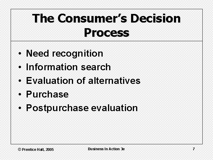 The Consumer’s Decision Process • • • Need recognition Information search Evaluation of alternatives