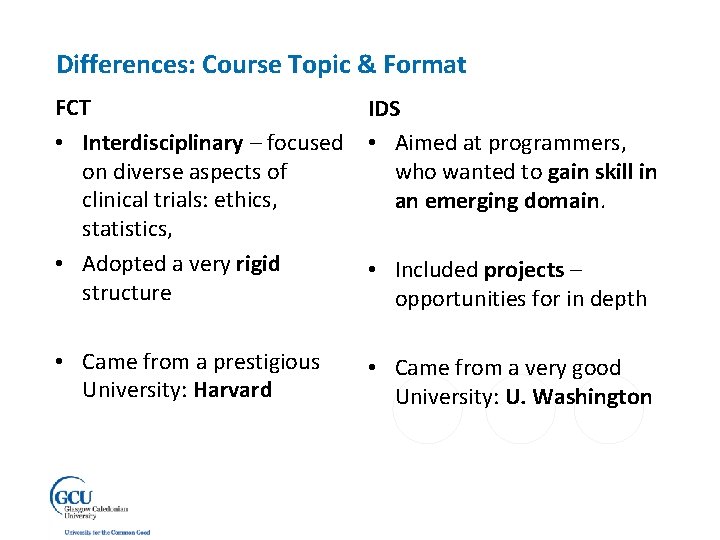 Differences: Course Topic & Format FCT IDS • Interdisciplinary – focused • Aimed at