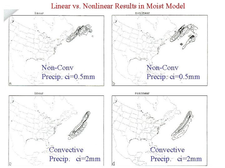 Linear vs. Nonlinear Results in Moist Model Non-Conv Precip. ci=0. 5 mm Convective Precip.