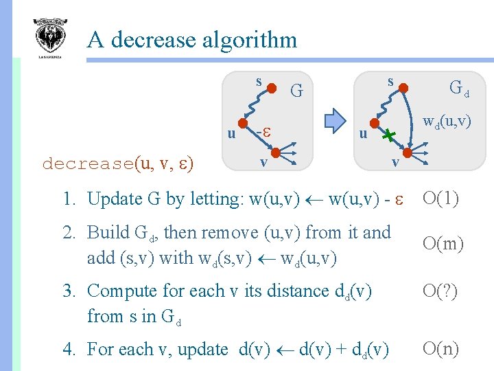 A decrease algorithm s u decrease(u, v, ) - s G wd(u, v) u