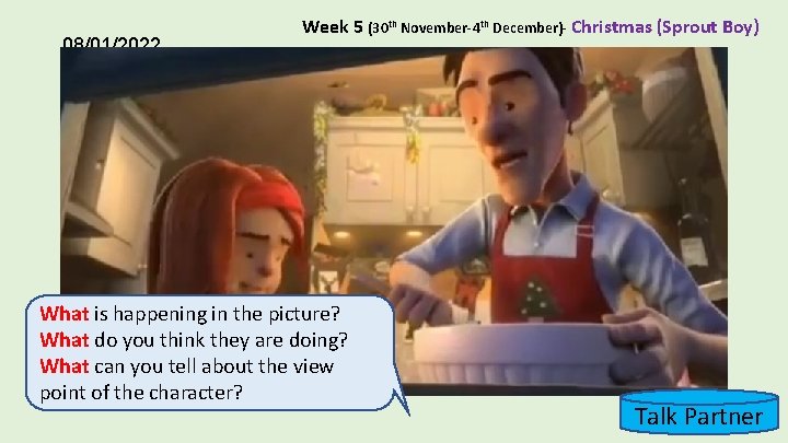 08/01/2022 Week 5 (30 th November-4 th December)- Christmas (Sprout Boy) What is happening