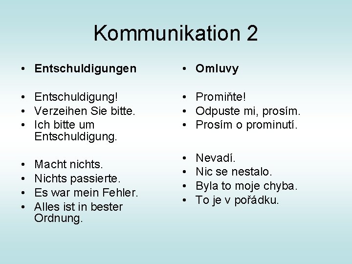 Kommunikation 2 • Entschuldigungen • Omluvy • Entschuldigung! • Verzeihen Sie bitte. • Ich