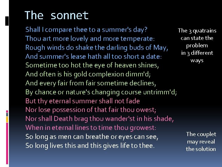 The sonnet Shall I compare thee to a summer's day? The 3 quatrains can